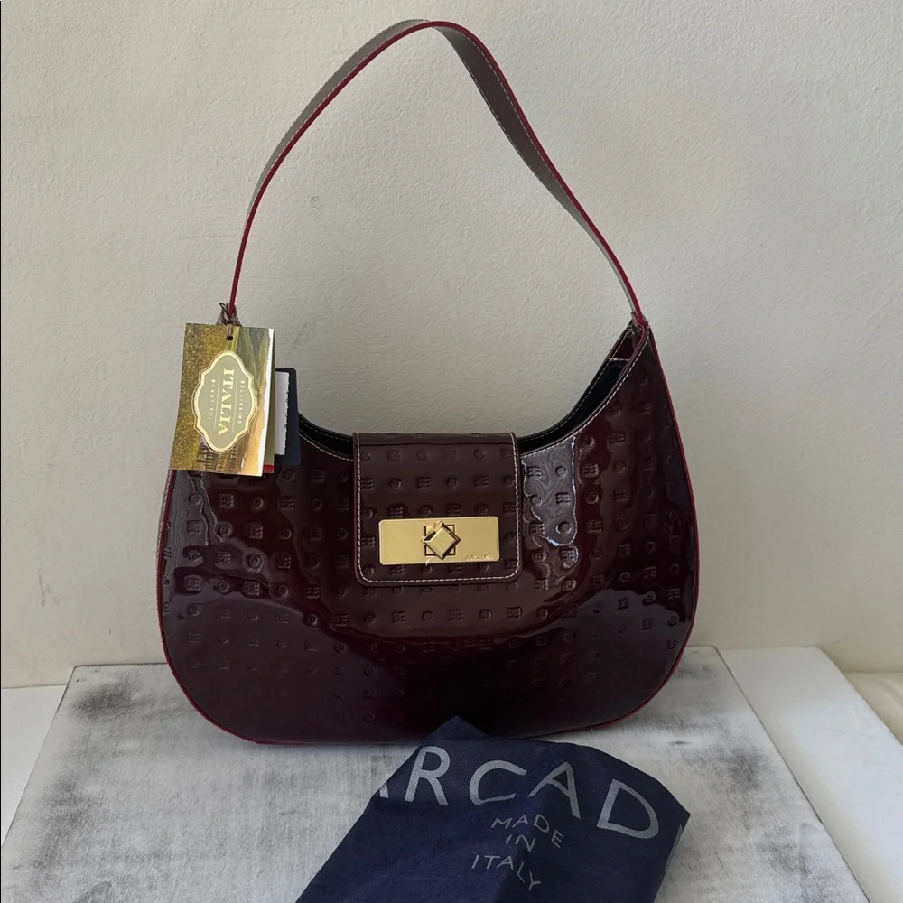 ARCADIA  PATENT LEATHER SHOULDER HOBO HANDBAG RED MADE in ITALY